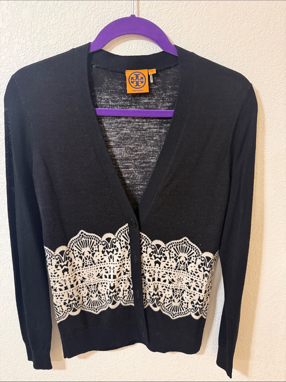 Tory Burch Black Cardigan with Cream Lace Band